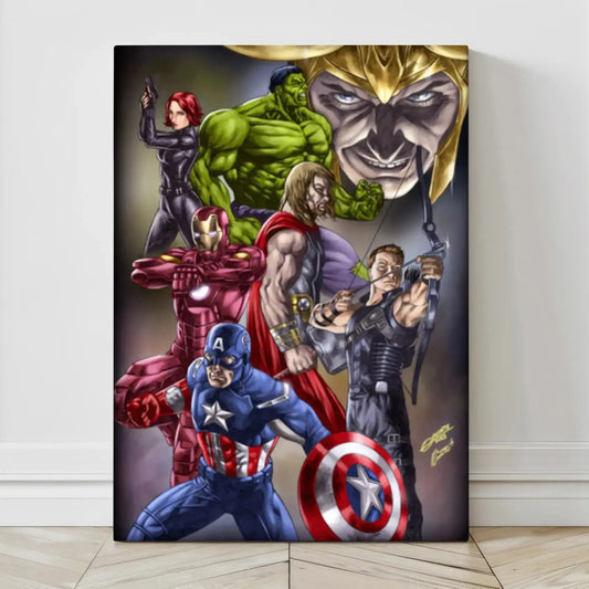 Canvas art of Marvel’s Avengers including Captain America, Iron Man, Thor, Hulk, and Loki