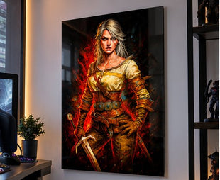 Elder Blood Resolve Ciri Witcher acrylic wall art displayed in a realistic modern gaming office
