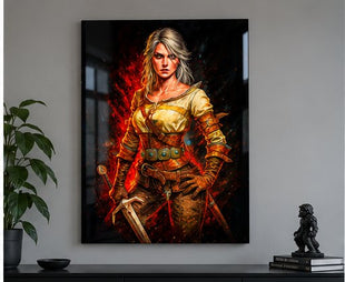 Elder Blood Resolve Ciri Witcher acrylic wall art displayed in a clean modern media room