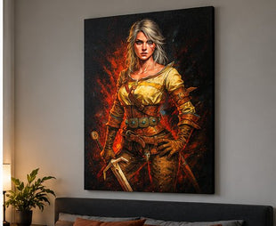 Elder Blood Resolve Ciri Witcher canvas wall art displayed above a bed in a realistic modern bedroom