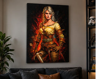 Elder Blood Resolve Ciri Witcher canvas wall art displayed in a realistic modern living room