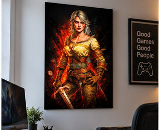 Elder Blood Resolve Ciri Witcher metal wall art displayed in a realistic modern gaming office