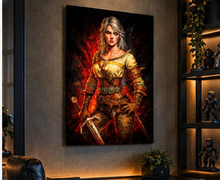 Elder Blood Resolve Ciri Witcher metal wall art displayed in a realistic modern media room