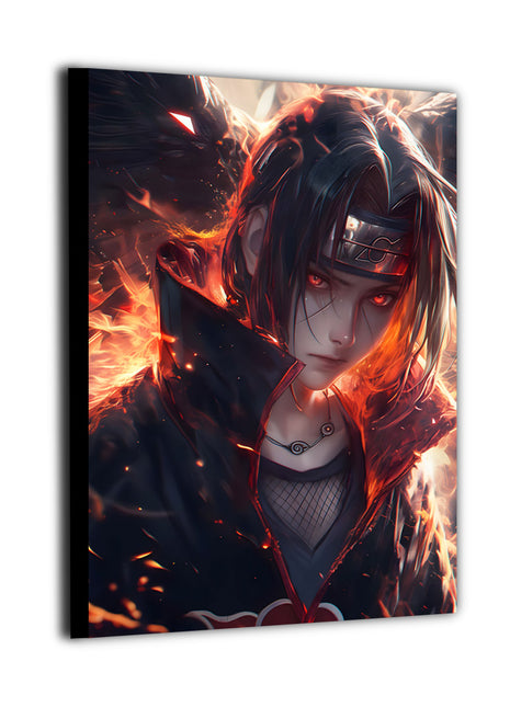 Itachi Uchiha anime artwork surrounded by flames and shadow, high-detail canvas wall art with dramatic lighting