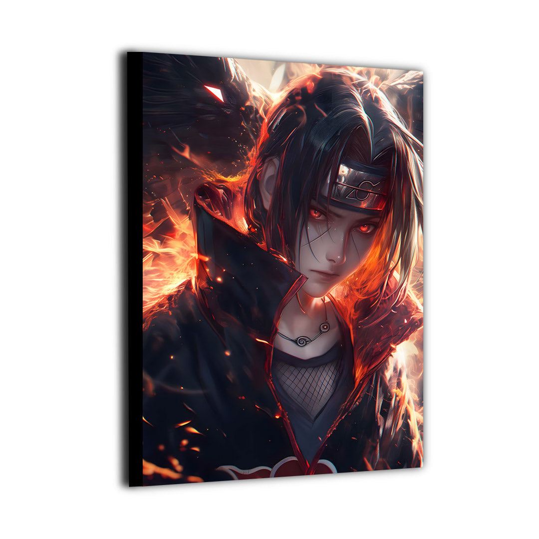 Itachi Uchiha anime artwork surrounded by flames and shadow, high-detail canvas wall art with dramatic lighting