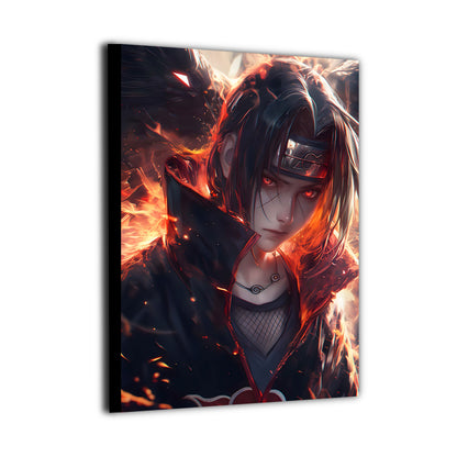 Itachi Uchiha anime artwork surrounded by flames and shadow, high-detail canvas wall art with dramatic lighting