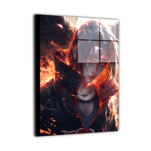 Ultra-sharp metal wall art depicting Itachi Uchiha in a dark, flame-filled scene with intense red highlights