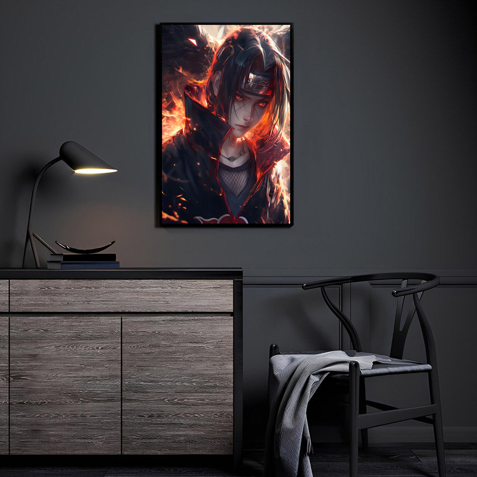 Itachi Uchiha anime wall art displayed in a modern room setting, dramatic fire tones enhance collector presentation