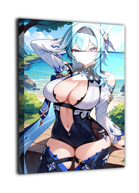 11x17 Metal print of Eula from Genshin Impact in beach setting  
