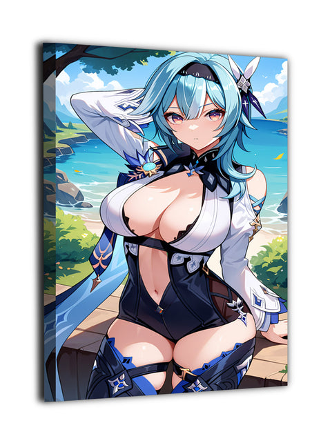 11x17 anime Acrylic print of Eula from Genshin Impact in beach setting  
