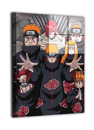 Faces of Pain Naruto metal wall art by Emmanuel Centeno featuring Nagato and the Six Paths of Pain printed on premium dye-sublimated metal with a reflective gloss finish.