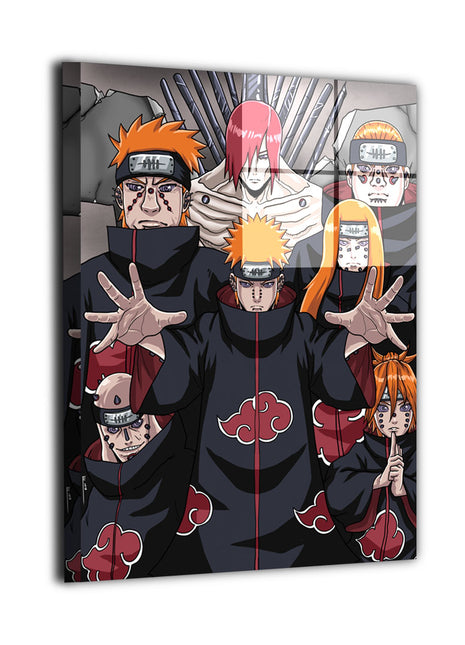 Faces of Pain Naruto metal wall art by Emmanuel Centeno featuring Nagato and the Six Paths of Pain printed on premium dye-sublimated metal with a reflective gloss finish.