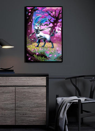 Shiny Sylveon Pokémon wall art displayed above a cabinet in a dark modern room