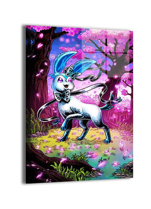 Shiny Sylveon dancing among pink cherry blossoms on Fairbloom Ribbon Dancer acrylic Pokémon wall art