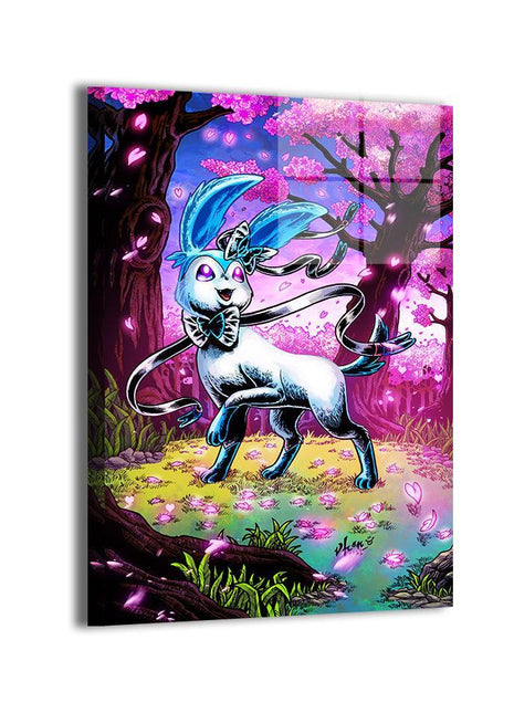 Shiny Sylveon dancing among pink cherry blossoms on Fairbloom Ribbon Dancer acrylic Pokémon wall art