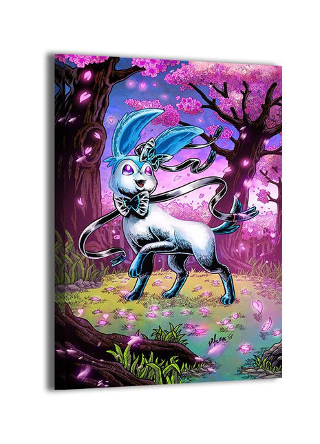 Fairbloom Ribbon Dancer artwork of Shiny Sylveon with blue ears and flowing ribbon feelers in a cherry blossom forest by Vhon Remot