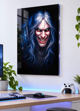 Fallen Prince of Lordaeron Arthas Menethil acrylic wall art in a bright gaming office