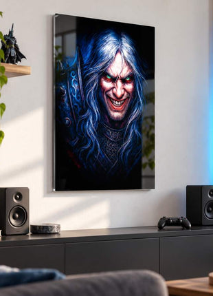 Fallen Prince of Lordaeron Arthas Menethil acrylic wall art in a modern media lounge