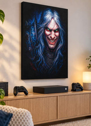 Fallen Prince of Lordaeron Arthas Menethil canvas wall art in a cozy gaming lounge