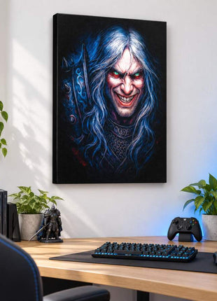 Fallen Prince of Lordaeron Arthas Menethil canvas wall art in a bright gaming room
