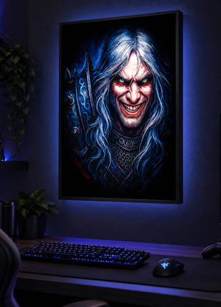 Fallen Prince of Lordaeron Arthas Menethil LED lightbox wall art glowing in a dark gaming room