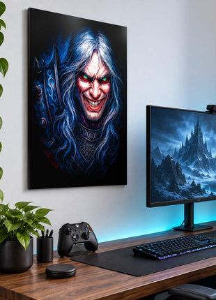 Fallen Prince of Lordaeron Arthas Menethil metal wall art above a modern gaming desk