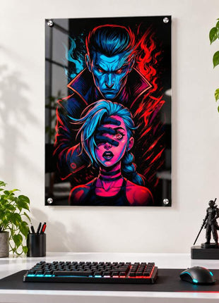 False Hero's Control Silco and Jinx acrylic wall art in a bright gaming office