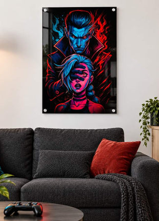False Hero's Control Silco and Jinx acrylic wall art in a modern media lounge