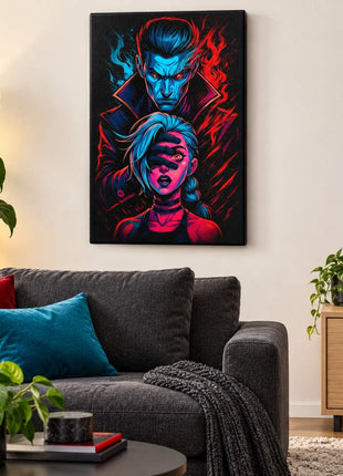 False Hero's Control Silco and Jinx canvas wall art in a cozy gaming lounge