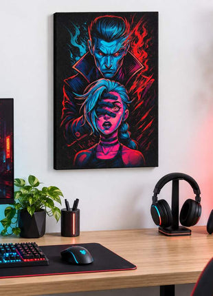 False Hero's Control Silco and Jinx canvas wall art in a bright gaming room