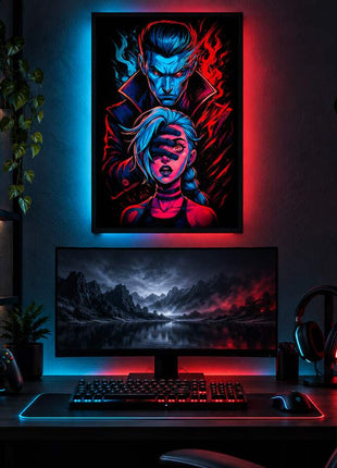 False Hero's Control Silco and Jinx LED lightbox wall art glowing in a dark gaming room
