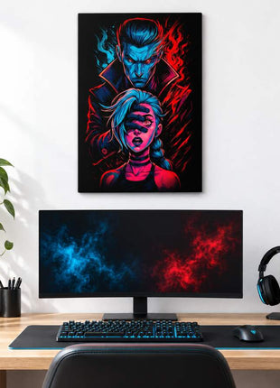 False Hero's Control Silco and Jinx metal wall art above a modern gaming desk