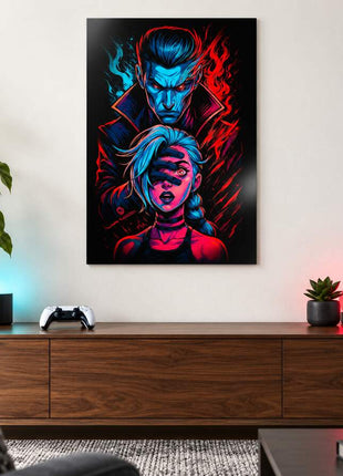 False Hero's Control Silco and Jinx metal wall art in a bright media room