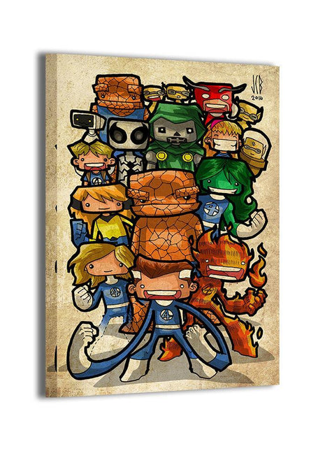 Family of Four in Miniature Acrylic print room mockup featuring Fantastic Four and Doctor Doom, Marvel wall art.