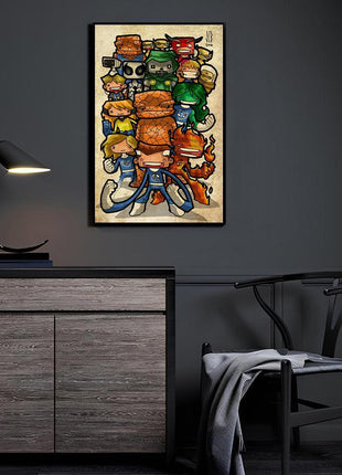 Family of Four in Miniature Canvas and Metal print room mockup featuring Fantastic Four and Doctor Doom, Marvel wall art.