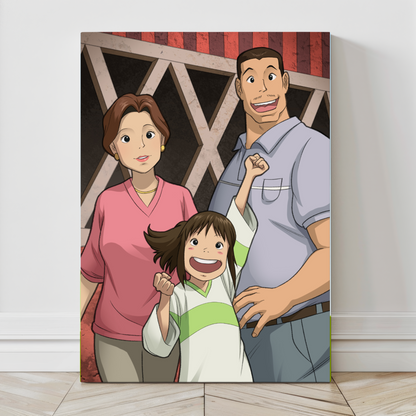 Family Before the Feast Canvas — warm anime family scene of Chihiro and parents, painterly detail and soft light; art by Ryan Pasibe, colors by Sam Dela Torre.