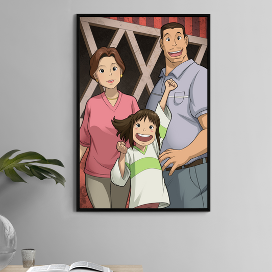 Family Before the Feast Poster — Chihiro with her parents, heartfelt family portrait, Studio-Ghibli-inspired artwork by Ryan Pasibe, colors by Sam Dela Torre.