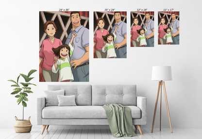 Family Before the Feast Poster — Chihiro with her parents, heartfelt family portrait, Size Chart Studio-Ghibli-inspired artwork by Ryan Pasibe, colors by Sam Dela Torre.