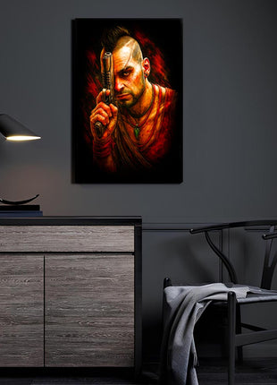 Definition of Insanity acrylic wall art showing Vaas Montenegro pressing a pistol to his temple