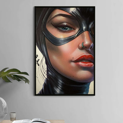 Feline Noir Close-Up Canvas — Catwoman DC portrait by Aurelio Rigoni; gallery-wrapped, ready to hang.