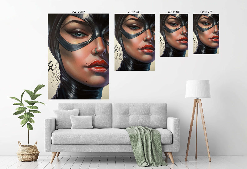 Feline Noir Close-Up — Catwoman DC portrait by Aurelio Rigoni displayed in a modern room.