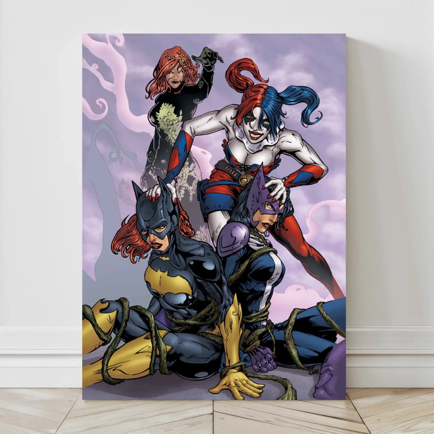  Canvas comic artwork featuring Batgirl, Huntress, Poison Ivy, and Harley Quinn