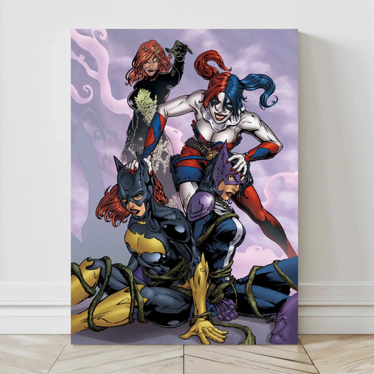  Canvas comic artwork featuring Batgirl, Huntress, Poison Ivy, and Harley Quinn