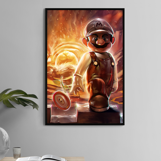 Mario walks forward from flames as Bowser roars behind in this 11x17 Nintendo fan art by Ceasar.