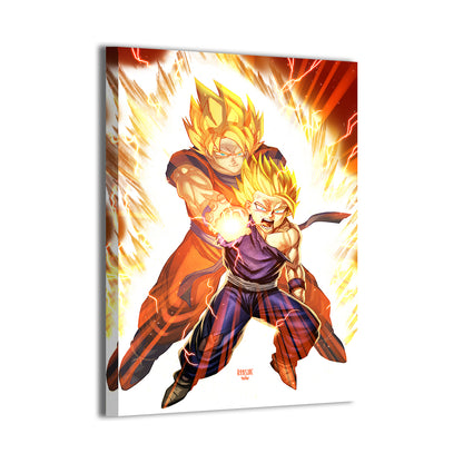 24x36 canvas print of Gohan with Goku’s spirit guiding him during a dramatic Super Saiyan energy attack