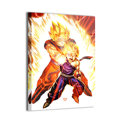 24x36 gloss metal print of Gohan channeling a Kamehameha with Goku’s glowing presence at his back


