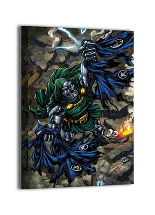 First Family vs Tyrant Acrylic print room mockup featuring Fantastic Four battling Doctor Doom, Marvel wall art.