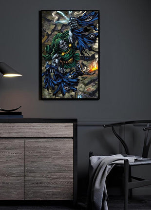First Family vs Tyrant Canvas and Metal print room mockup featuring Fantastic Four battling Doctor Doom, Marvel wall art.