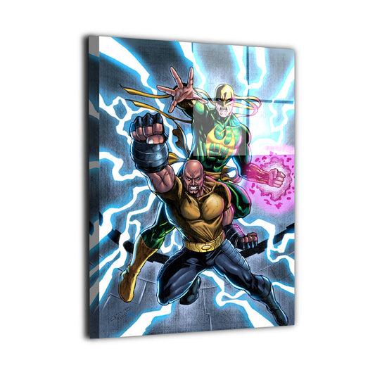 Dynamic Luke Cage and Iron Fist wall art shown at an angle highlighting muscular detail, glowing chi energy, and lightning effects in a bold comic-style composition | Snapping Turtle Gallery