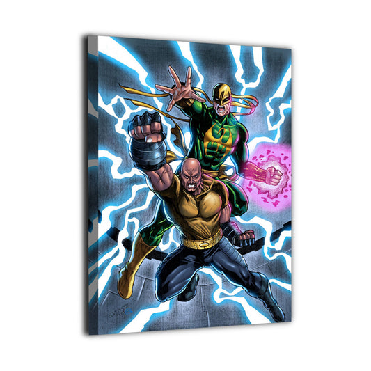 Epic Luke Cage and Iron Fist wall art featuring the iconic Marvel duo charging forward with clenched fists, radiant energy, and dramatic lightning surrounding them | Snapping Turtle Gallery